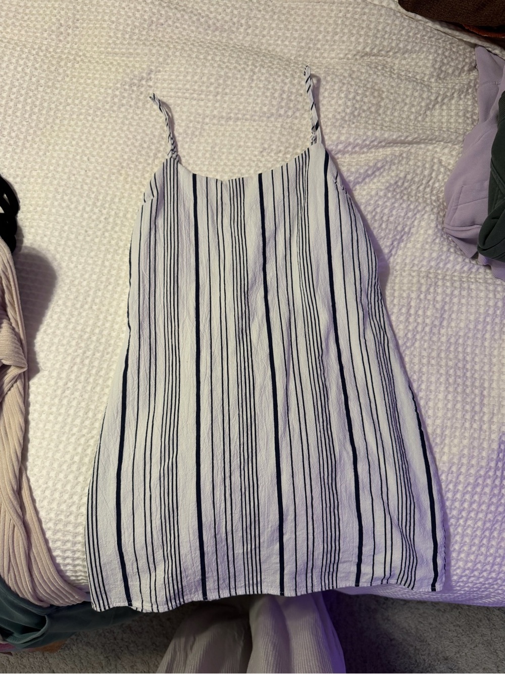 Lulu's White Mini Dress with Navy Vertical Stripes
